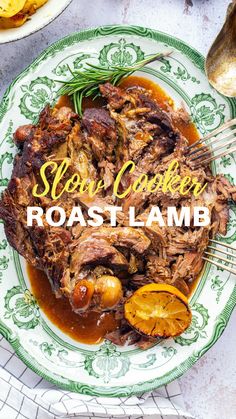 slow cooker roast lamb with oranges and gravy on a green and white plate