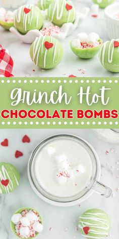 Grinch Hot Chocolate Bombs are so fun and festive. These hot cocoa bombs are perfect for movie night and make a great gift. The festive outside is the perfect shade of green topped with a heart. The inside is packed with crushed candy canes, mini marshmallows and hot chocolate mix. #dessertsonadime #grinchhotchocolatebombs #hotchocolatebombrecipe Grinch Hot Chocolate, Popular Christmas Movies, Fine Dining Desserts, Christmas Baking Recipes, Boozy Desserts, Hot Coco