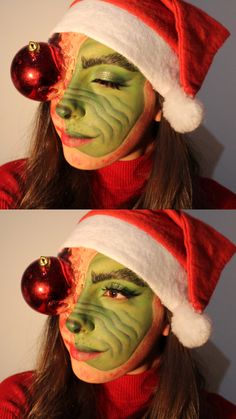 two pictures of a woman with green face paint and santa's hat on her head