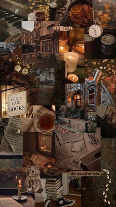 the collage shows many different things in this photo, including candles and books on display