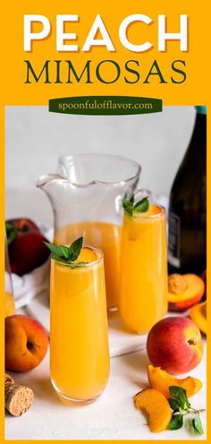 Want the best cocktail recipe? This Peach Mimosa is light, refreshing, and ready in just five minutes! This homemade mixed drink is perfect for brunch or any holiday. Save this pin! Mimosas Recipe, Drinks To Make, Simple Cocktail, Peach Nectar, Best Drinks