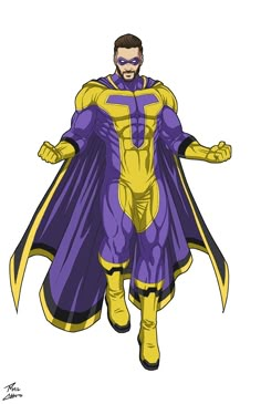 a man in a purple and yellow costume is standing with his hands out to the side