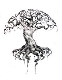 an ink drawing of a tree with roots