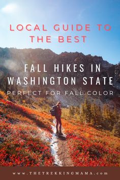 a person hiking on a trail with the words local guide to the best fall hikes in washington state perfect for fall color