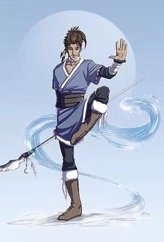 an anime character is standing on one leg and holding a stick in his hand while wearing a blue outfit