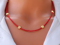 Elevate your style with our Red Afghan Stone Necklace, a dazzling piece of handcrafted bohemian jewelry! 🌹 Crafted with care, this 42 cm necklace comes with a 3 cm extender, featuring vibrant red Afghan stones paired with gold-plated disks for an extra touch of glamour. 💖 Let the rich red hues and the golden accents of this necklace be the statement piece that sets your style apart. Perfect for any occasion, this accessory adds a playful and unique touch to your look. Remember to handle it wit Red Beaded Necklaces, Diy Necklaces, Color Harmony, Red Bead, Jewelry Inspo, Bohemian Jewelry, Diy Necklace, Stone Necklace, Beaded Necklaces