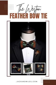 A luxurious handcrafted feather bow tie named "The Weston," featuring a mix of brown and deep green feathers, tied together with a black leather band.