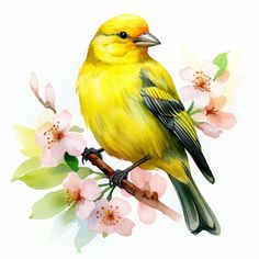 a yellow bird sitting on top of a tree branch with pink flowers in the background