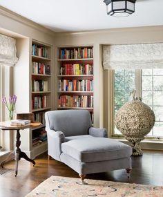 a living room filled with furniture and bookshelves