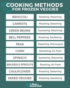 the cooking method for frozen veggies is shown in green and white, with instructions to