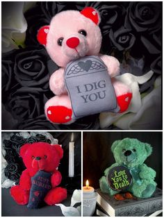 three pictures of teddy bears, one with a heart and the other with a sign that says i dig you