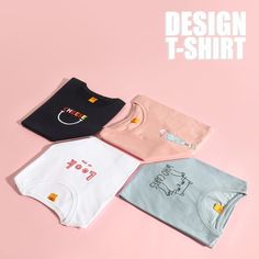 four t - shirts on a pink background with the words design t - shirt printed on them