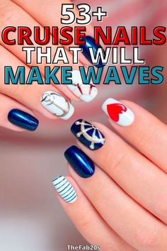 Fun Colorful Nails, Nautical Nail Designs, Nautical Nail Art, Summer Vacation Nails, Tropical Nail Art, Tropical Nail Designs, Flag Nails, Nautical Nails, Cruise Nails