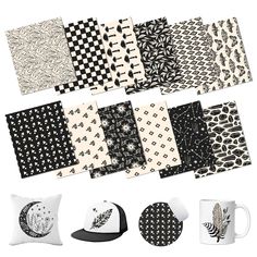 various black and white patterns are shown on the wall next to pillows, mugs, and other decorative items