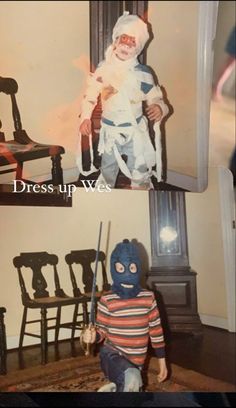 a child in a blue mask and striped shirt holding a baseball bat next to a photo of a baby dressed up as a clown