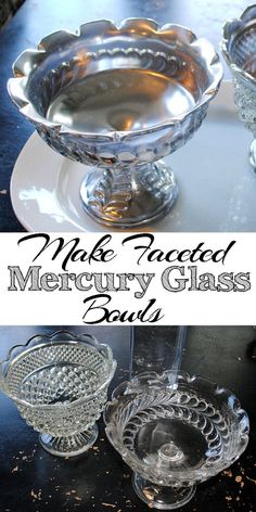 two glass bowls sitting on top of a table next to each other with the words make faceted mecumry glass bowls