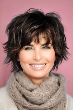 Cropped Shag Hairstyle on smiling woman in her 60s. Layered Crop Haircut, Short Shaggy Bob Haircuts, Hairstyles For Full Faces, Short Shag Haircuts With Bangs, Hot Mom Haircut, Short Shag With Bangs, New Cuts, Shaggy Bob Hairstyles, Shag Cut