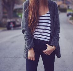 5th Avenue Fashion / Gray Cardi and Striped Shirt Jean Gray, Cardigan Jeans, Quoi Porter, Alternative Rock, Glam Rock, Fall Winter Outfits, Winter Style