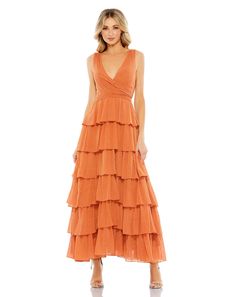 Ieena for Mac Duggal  100% polyester Fully lined Deep V Neckline Sleeveless Ruffle/Tiered Skirt Concealed Back Zipper Approx. 48" from top of shoulder to bottom hem Available in Burnt Orange  Style #55843 Plastic Dress, Burnt Orange Dress, Tiered Ruffle Skirt, Chiffon Fashion, Designer Prom Dresses, A Line Prom Dresses