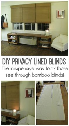 Love the look of bamboo Roman shades, but hate that they're see through? Here's how to add a privacy liner to bamboo blinds so you can get the look for less! Great way to upgrade the windows in your rental home or apartment. Bamboo Blinds With Curtains Kitchen, Privacy Liner For Bamboo Shades, Bamboo Roman Blinds, Bamboo Roman Shades Kitchen, Bamboo Blinds With Curtains, Roll Up Blinds, Woven Blinds, Small Basement Remodeling