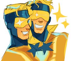 two people in yellow and blue costumes with stars around them