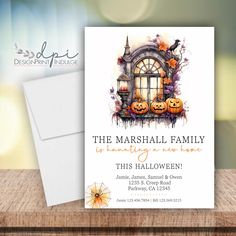 a card with an image of a window and pumpkins on it for the marshall family