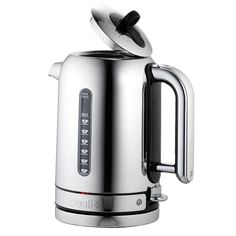 a stainless steel electric kettle with the lid open