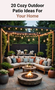 an outdoor patio with fire pit, seating area and potted plants on the side