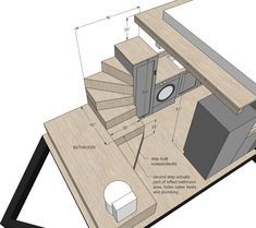 the floor plan for a tiny house with stairs and storage space, including a toilet