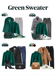 Stylish Outfits Green, Kelly Green Outfits For Women, How To Style A Green Sweater, How To Style Green Sweater, Green Sweater Outfit Aesthetic, Green Winter Outfits, Dark Green Sweater Outfit, Outfits Verdes, Green Fall Outfit