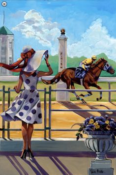 a painting of a woman watching a horse jump over a fence