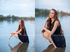 two photos of a woman sitting in the water with her hands on her hips and looking at the camera