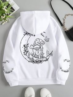 White Casual Collar Long Sleeve Fabric Animal,Letter,Plants Pullovers Embellished Slight Stretch  Women Clothing Hoody Outfits, Mushroom Moon, Tomboy Stil, Sarcastic Clothing, Cute Formal Dresses, Preteen Fashion, Thermal Hoodie, Fasion Outfits, Stylish Hoodies