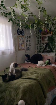 two cats laying on top of a bed in a room with plants hanging from the ceiling