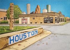 a drawing of the houston sign in front of a building