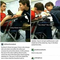 two boys sitting at desks using cell phones and texting on the same page