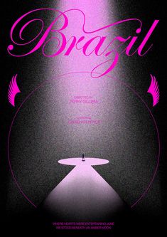 the poster for brazil is shown in pink on black background with light coming from behind it