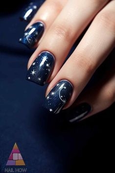 Cosmic wonders on your nails! This moon nails design features a dark blue background with delicate white stars and a crescent moon, capturing the beauty of the night sky. Perfect for any stargazer. Explore more designs at nailhow.com. Navy Star Nails, Galaxy Nail Designs, Cosmic Nails, Dark Nail Designs, Galaxy Nail, Dark Purple Nails, Dark Blue Nails, Thanksgiving Nail Designs