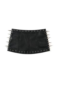 Fits true to size Mini Skirt with built-in shorts Features oversized spikes along entire sideseams Metal eyelets at front and back Low Rise Black Mini Skirt, Skirt Tie Outfit, Black Mini Skirt Club Outfit, Punk Skirt Diy, Metal Skirt, Edgy Boho, Goth Skirt, Handmade Skirts, Diy Skirt