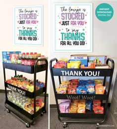 there are two pictures of a grocery cart with thank you signs on the front and back