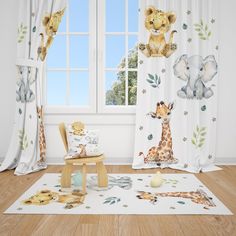 a child's room with curtains, toys and stuffed animals