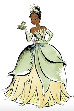 a woman in a green dress with a frog on her hand