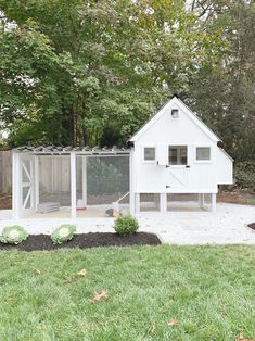 a white chicken coop in the middle of a yard with grass and flowers around it