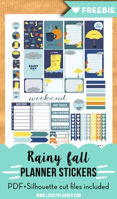 rainy fall planner stickers with the text, rain and clouds in blue on top