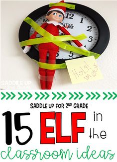 the elf is holding a yellow tape around his neck and standing in front of a clock