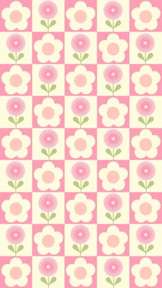 a pink and white flower pattern on a checkered background with green leaves in the center