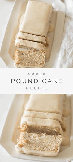 an apple pound cake is cut into slices on a white plate with the title above it