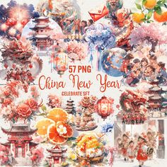 the chinese new year collage with oranges and flowers