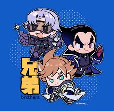 three cartoon characters on a blue background with the words'brothers'in chinese and english