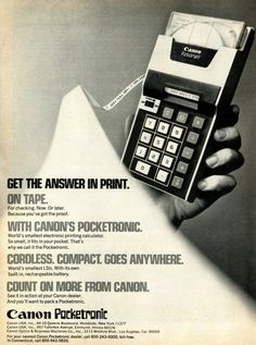 an advertisement for canon's pocketronic calculator from the 1970's